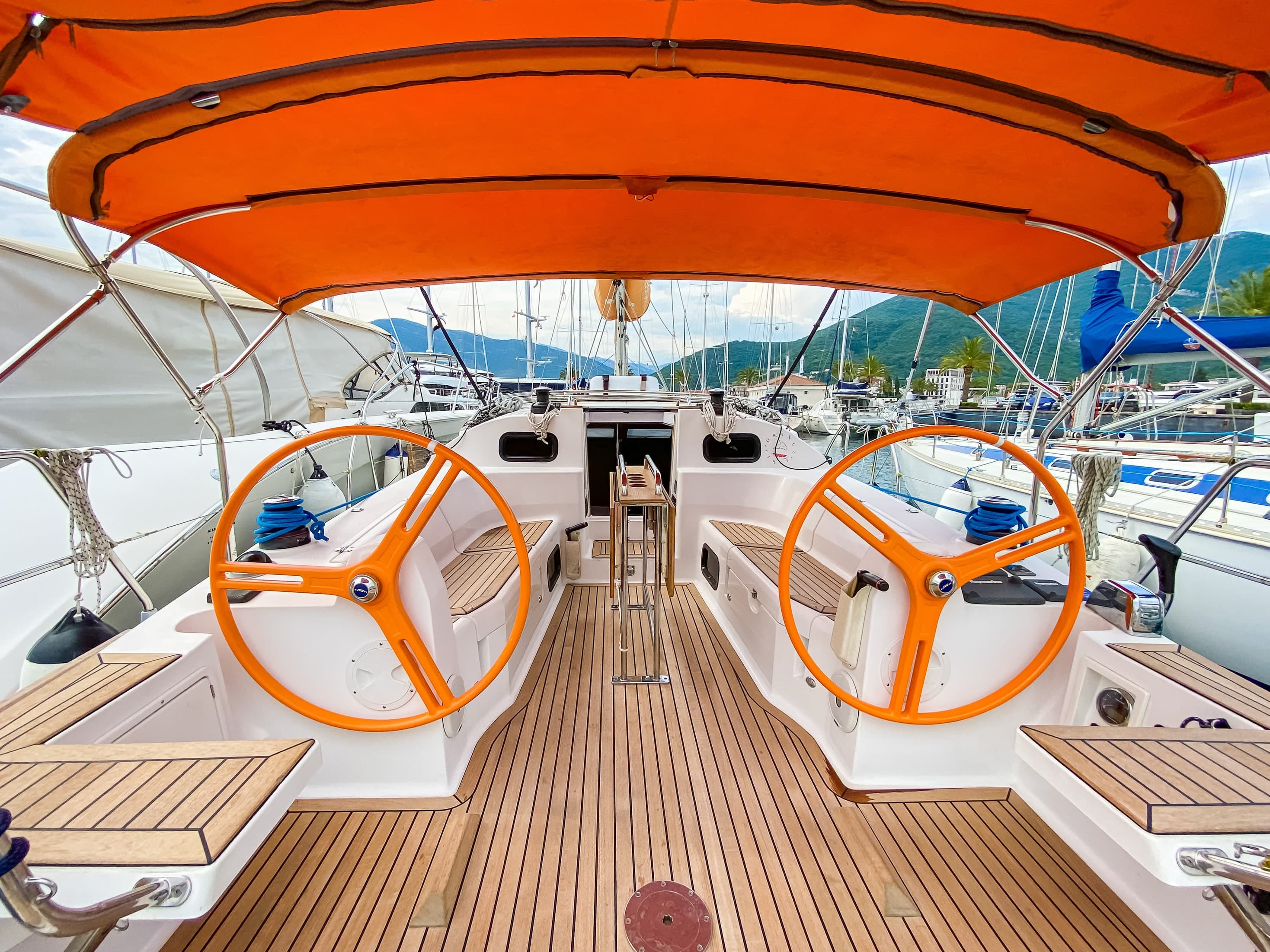 An open sailing yacht cockpit in Montenegro